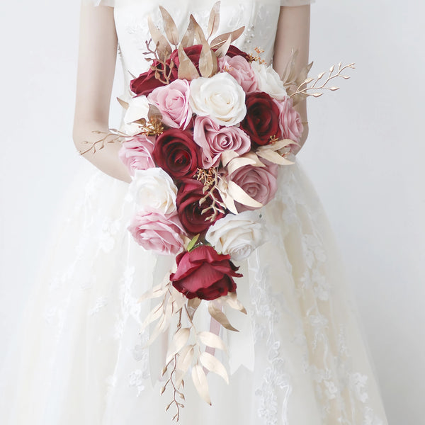 Medium Cascade Bridal Bouquet In Red, Pink, and White Cascade with Gold Accents