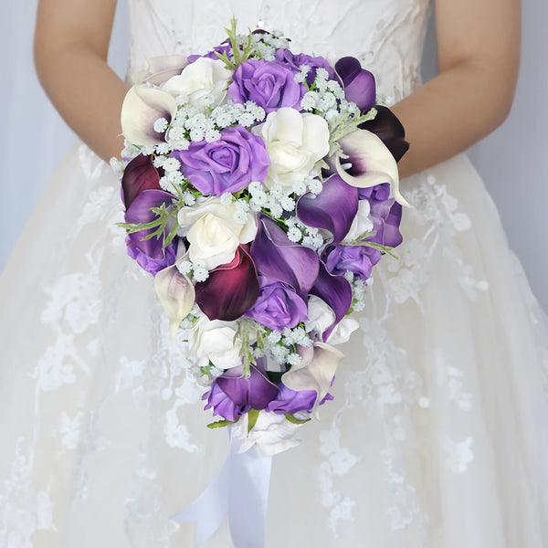 Small Cascade Bridal Bouquet In Purple, White, and Plum