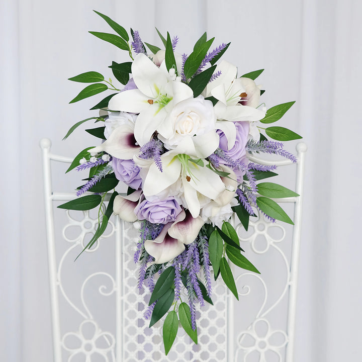 Medium Cascade Bridal Bouquet with Lilies, Roses, and Lavender 