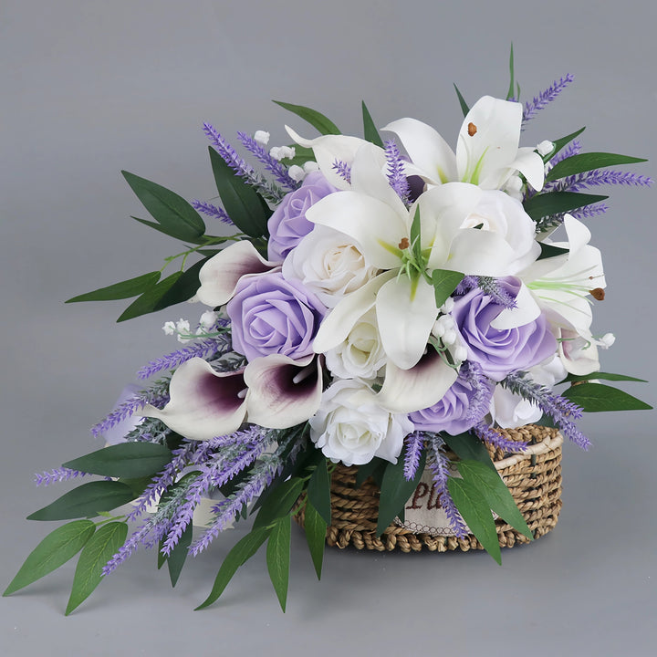 Medium Cascade Bridal Bouquet with Lilies, Roses, and Lavender 