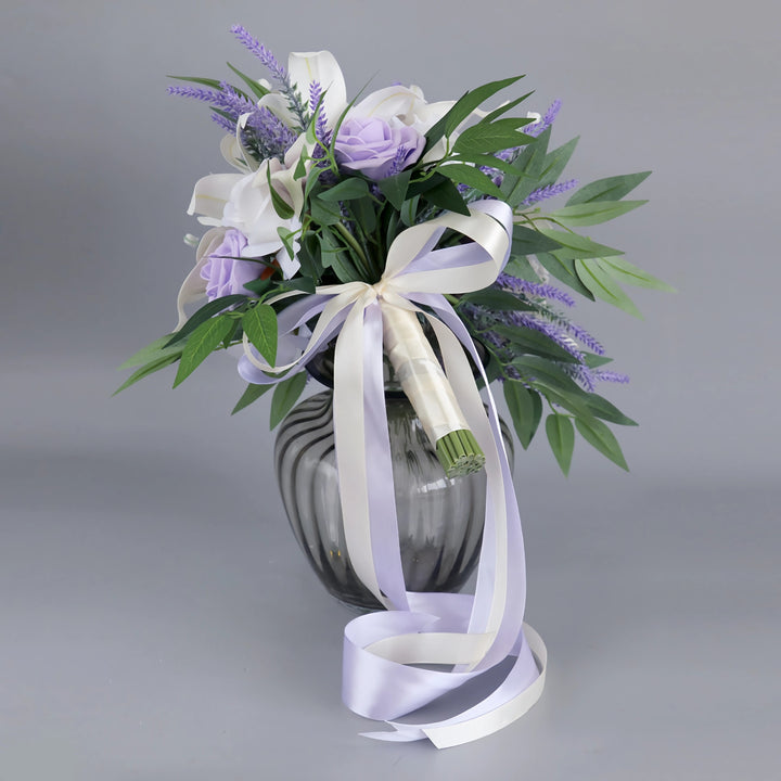 Medium Cascade Bridal Bouquet with Lilies, Roses, and Lavender 