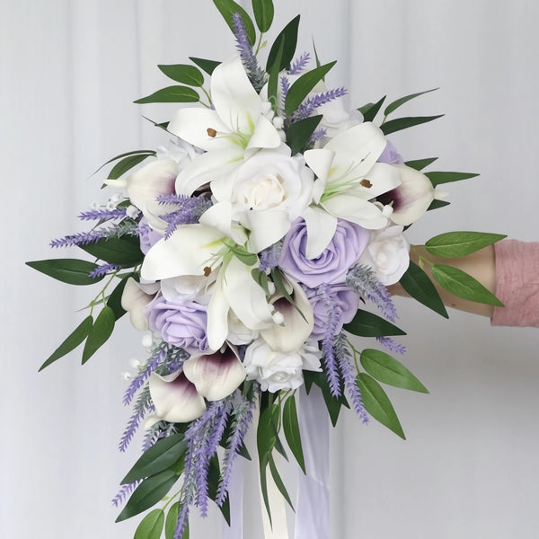 Medium Cascade Bridal Bouquet with Lilies, Roses, and Lavender 