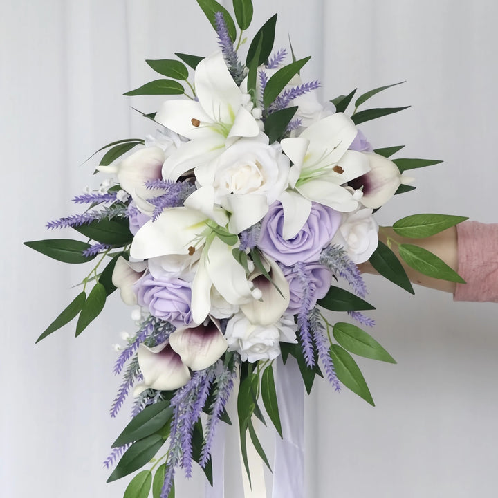 Medium Cascade Bridal Bouquet with Lilies, Roses, and Lavender 