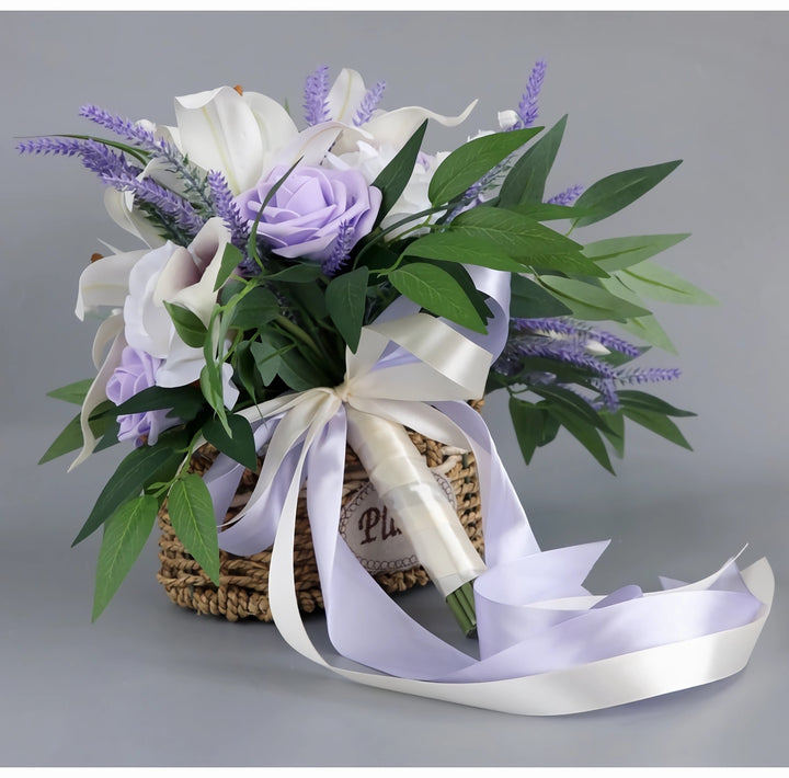 Medium Cascade Bridal Bouquet with Lilies, Roses, and Lavender 