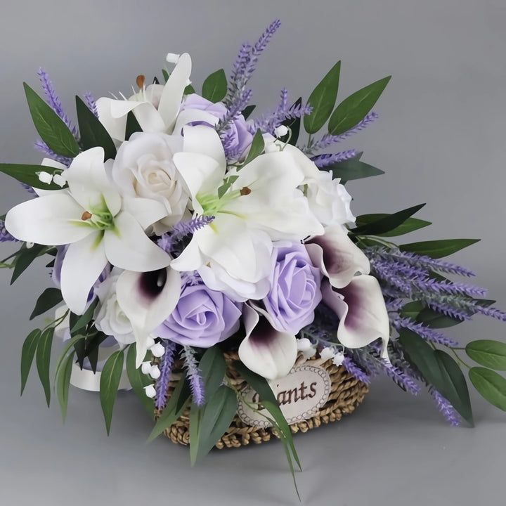 Medium Cascade Bridal Bouquet with Lilies, Roses, and Lavender 