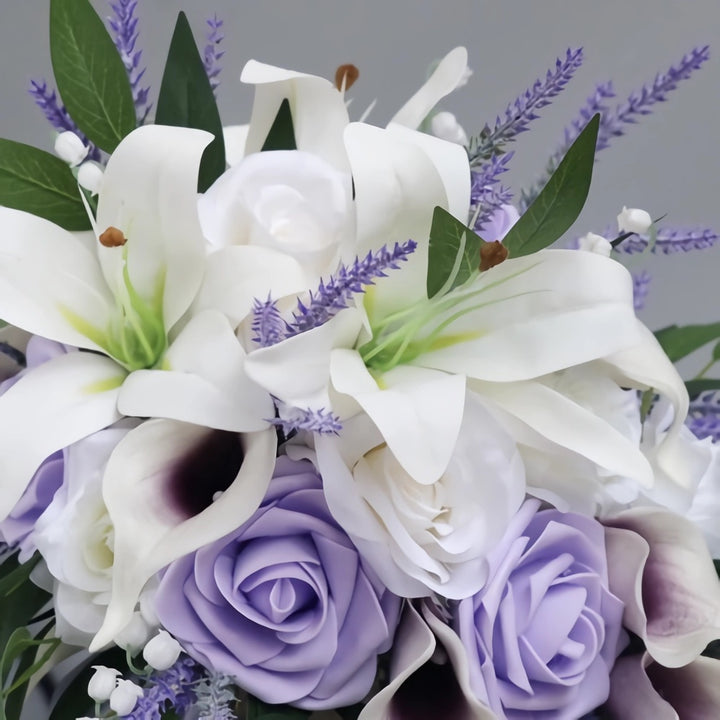 Medium Cascade Bridal Bouquet with Lilies, Roses, and Lavender 