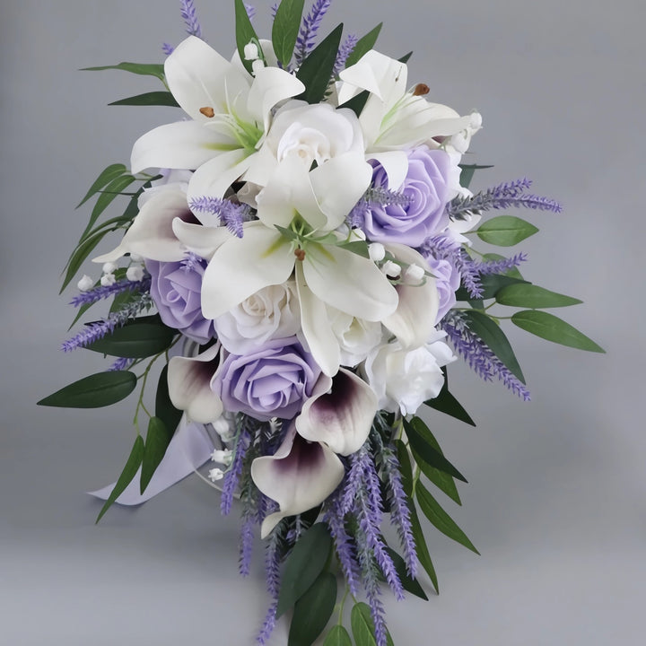 Medium Cascade Bridal Bouquet with Lilies, Roses, and Lavender Medium Cascade Bridal Bouquet with Lilies, Roses, and Lavender 