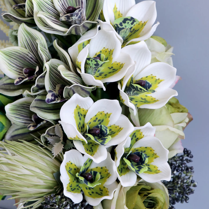 Large Cascade Bridal Bouquet in Green and White with Orchids, Roses, and Eucalyptus