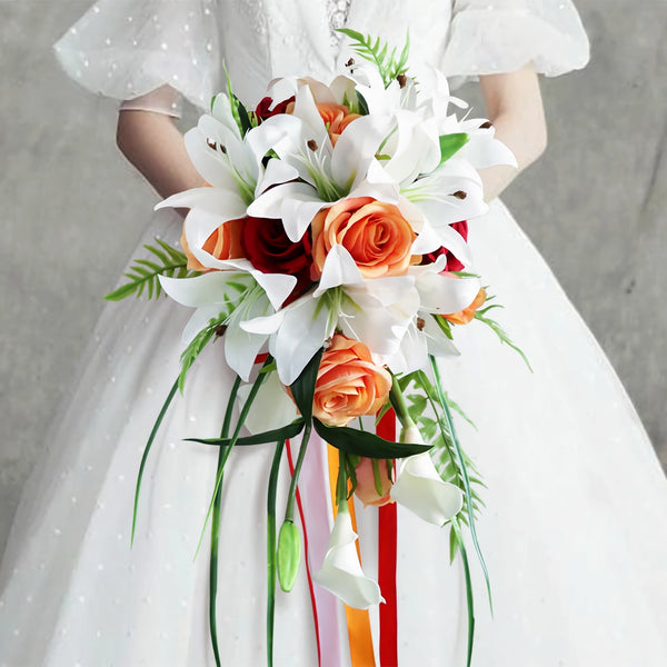 Medium Cascade Bridal Bouquet with Lilies, Roses, and Calla Lilies