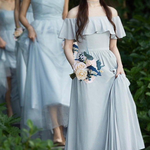 Bridesmaid Bouquet in Blush Pink and Dusty Blue with Roses and Eucalyptus