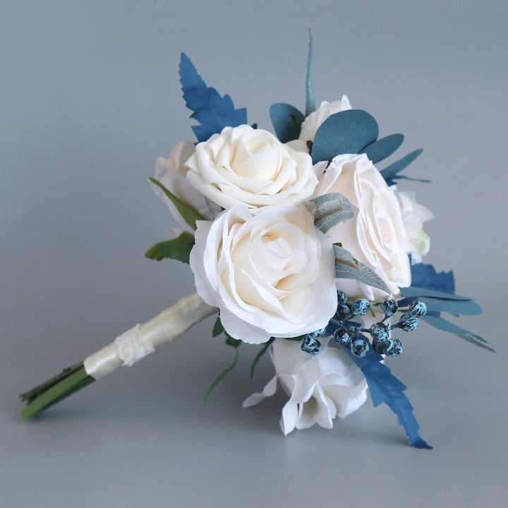 Bridesmaid Bouquet in Blush Pink and Dusty Blue with Roses and Eucalyptus