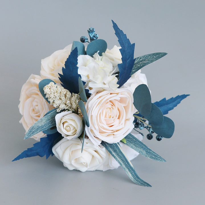 Bridesmaid Bouquet in Blush Pink and Dusty Blue with Roses and Eucalyptus