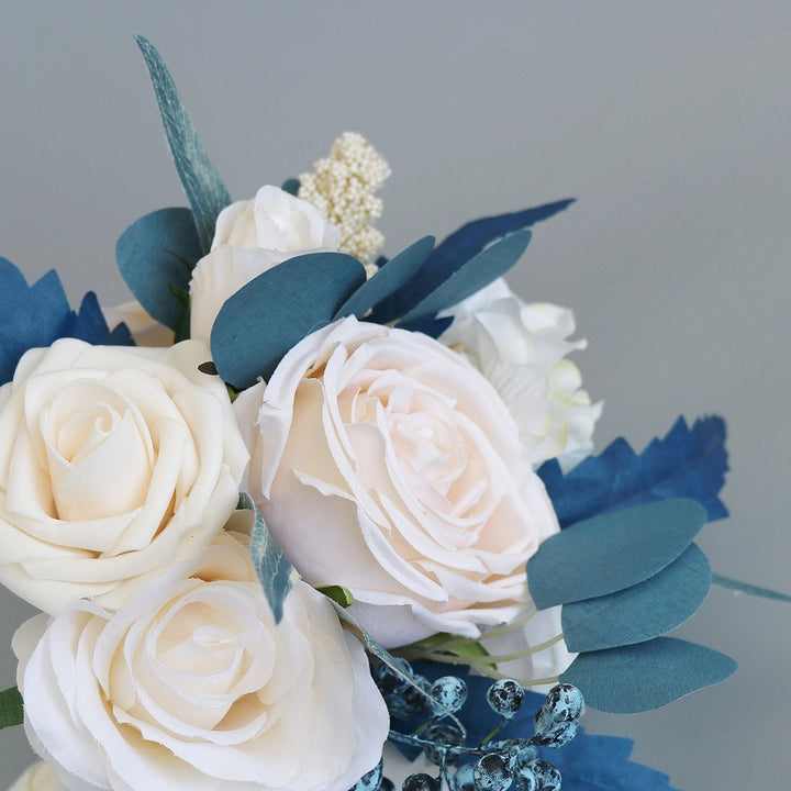 Bridesmaid Bouquet in Blush Pink and Dusty Blue with Roses and Eucalyptus