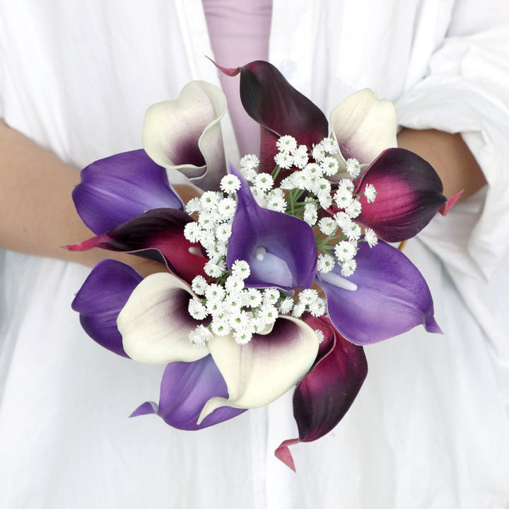 Bridal Bouquet with Calla Lilies and Baby's Breath in Purple and White