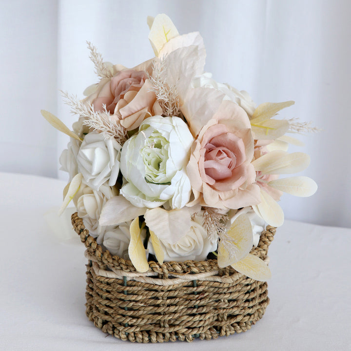 Elegant Bridal Bouquet in Basket with Dusty Rose and Ivory Blooms