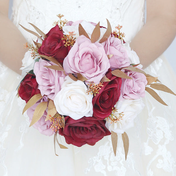 Charming Bridal Bouquet with Blush and Maroon Roses