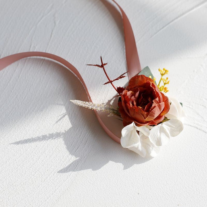 Elegant Silk Floral Wedding Wrist Corsage In Dusty Orange