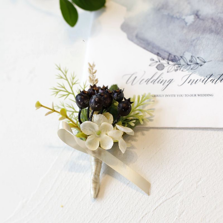 Black Berry and White Floral Wedding Boutonniere