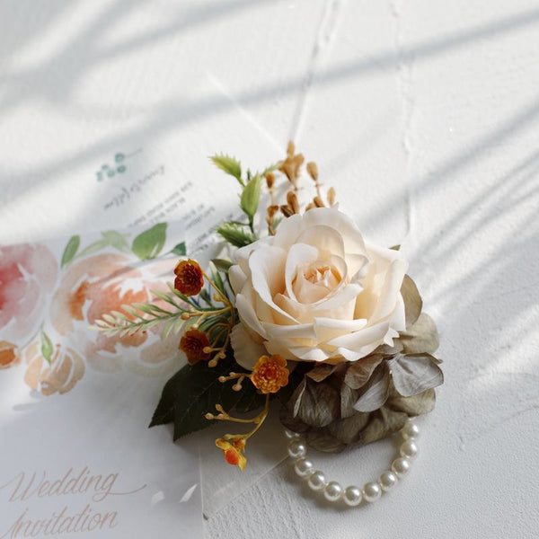 Ivory Rose and Greenery Wedding Corsage with Pearls