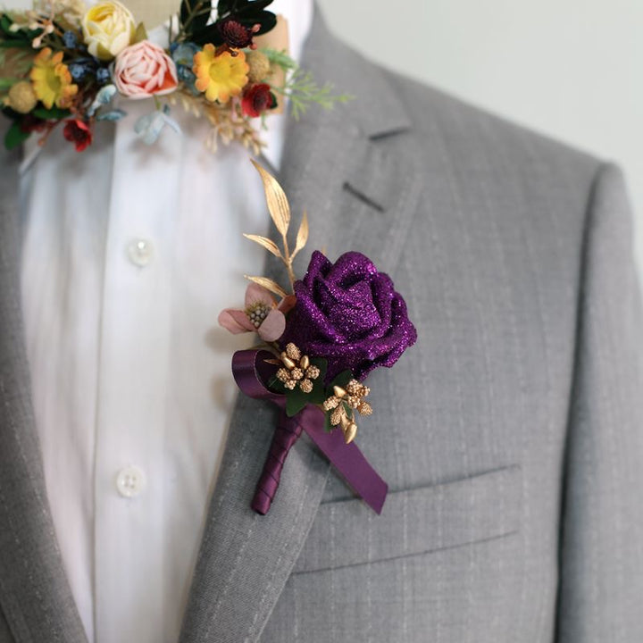 Glittery Purple Rose Boutonniere Collection