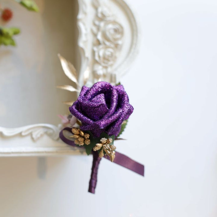 Glittery Purple Rose Boutonniere Collection