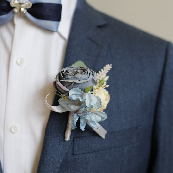 Dusty blue Rose and Hydrangea Boutonniere Collection