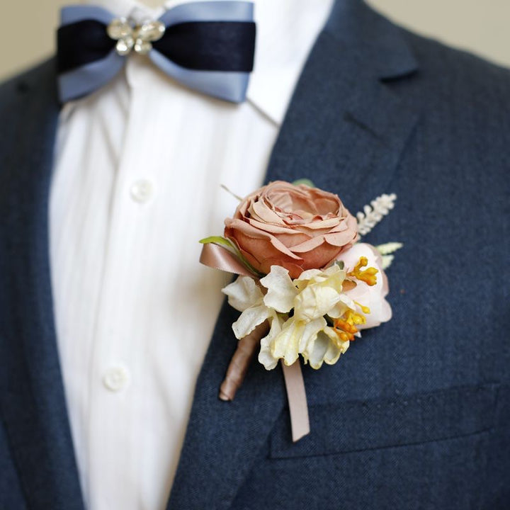 sunset terracotta Rose and Hydrangea Boutonniere Collection