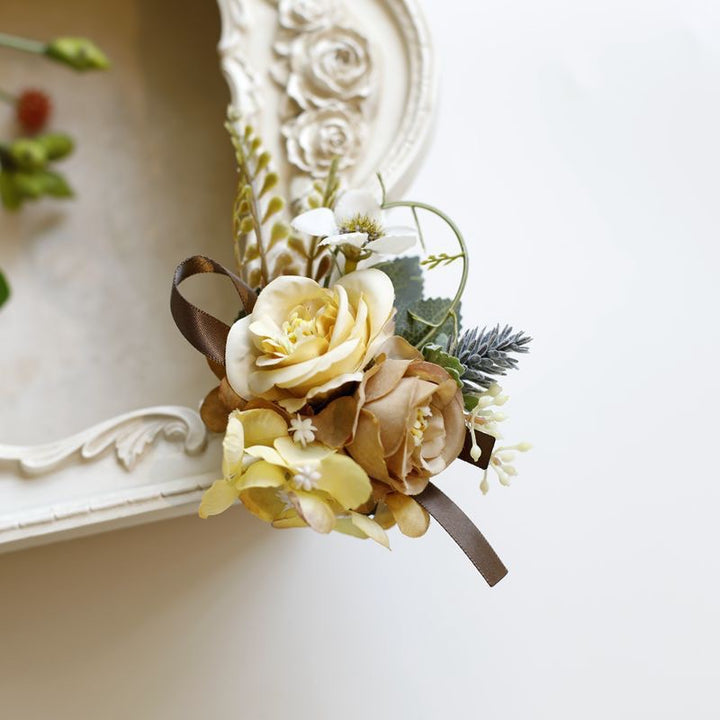 Rustic Elegance: dusty yellow Rose and Hydrangea Corsage Collection