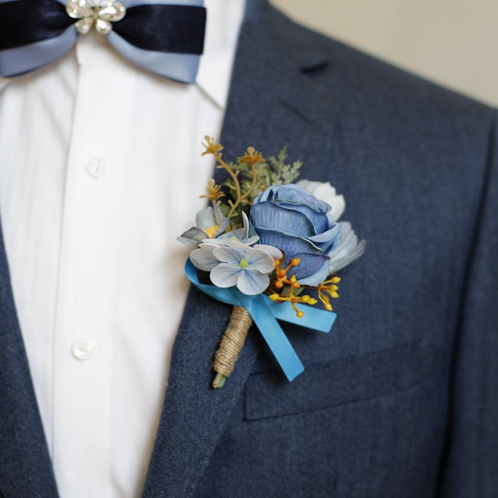 dusty blue Rose and Hydrangea Boutonniere Collection