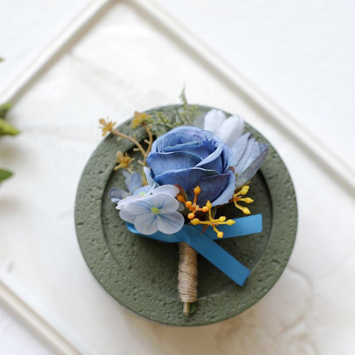 dusty blue Rose and Hydrangea Boutonniere Collection