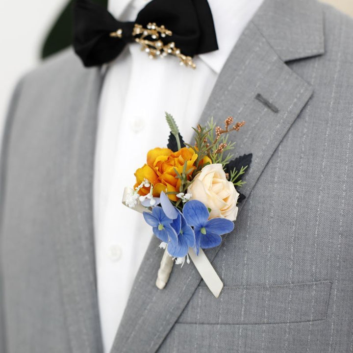 burned orange Rose and Hydrangea Boutonniere Collection