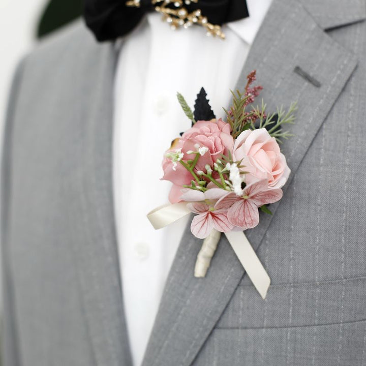 dusty pink Rose and Hydrangea Boutonniere Collection