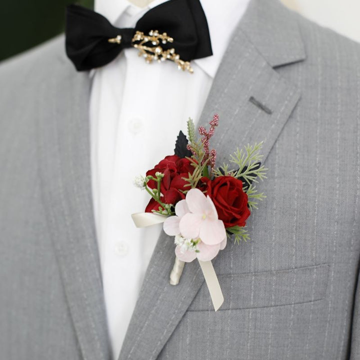 deep red Rose and Hydrangea Boutonniere Collection