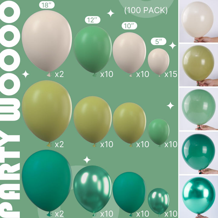 Balloon arch kit featuring green, cream, and metallic balloons
