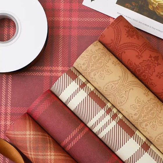 Autumn-Winter Madras Plaid & Baroque Flower Wrapping Paper Set