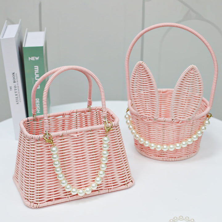 Pink Willow Basket with Handle and Pearl Decor