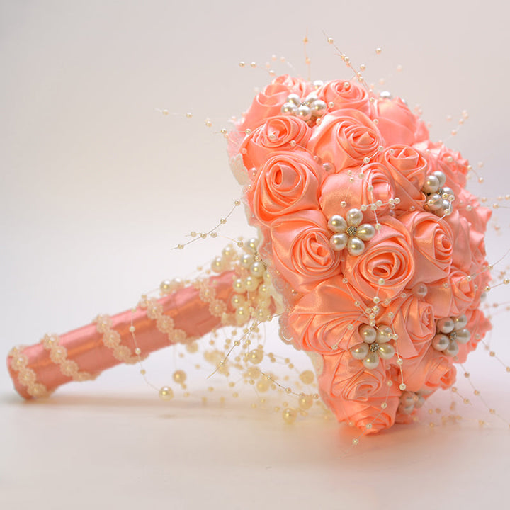 Satin Roses with Pearls Handmade Wedding Bouquet