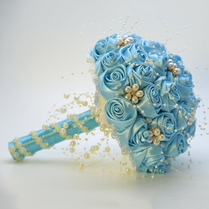 Satin Roses with Pearls Handmade Wedding Bouquet