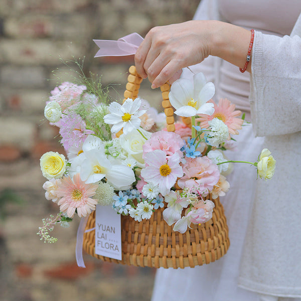 Rattan Flower Basket with Wood Beads Handle