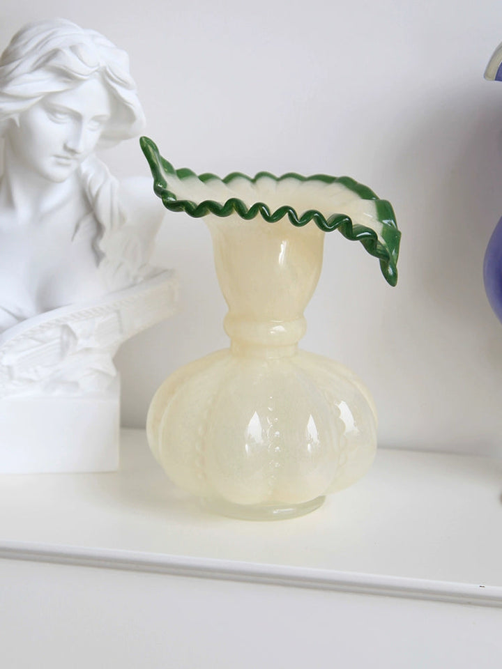 Vintage Ruffled Green Edged Cream Glass Vase