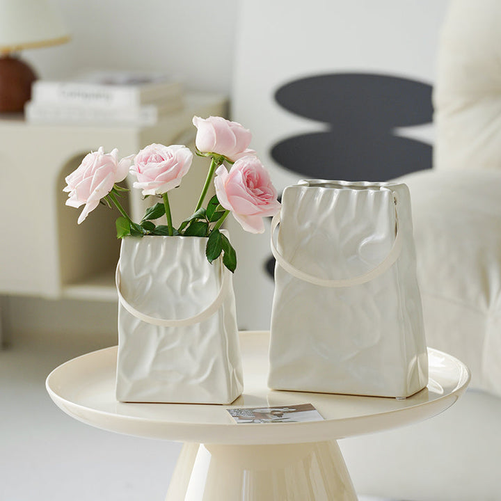 White Cream Crinkle Paper Bag Ceramic Vase