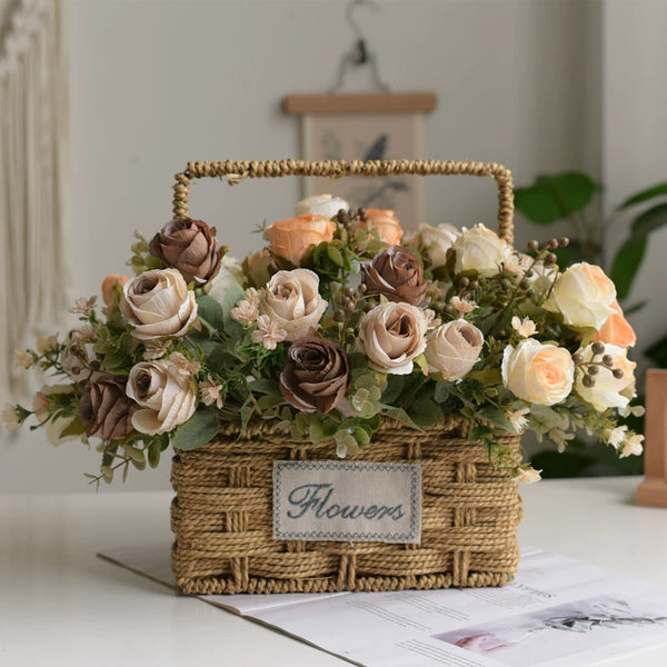 Vintage-Style Artificial Roses in Handwoven Flower Basket for Living Room Décor