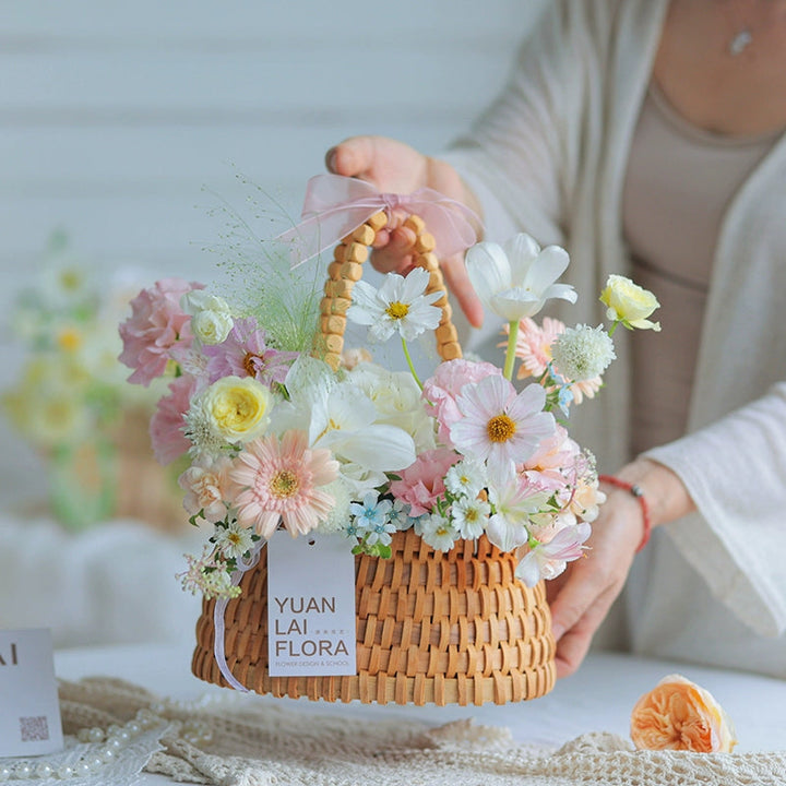 Rattan Flower Basket with Wood Beads Handle