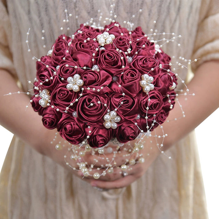 Satin Roses with Pearls Handmade Wedding Bouquet