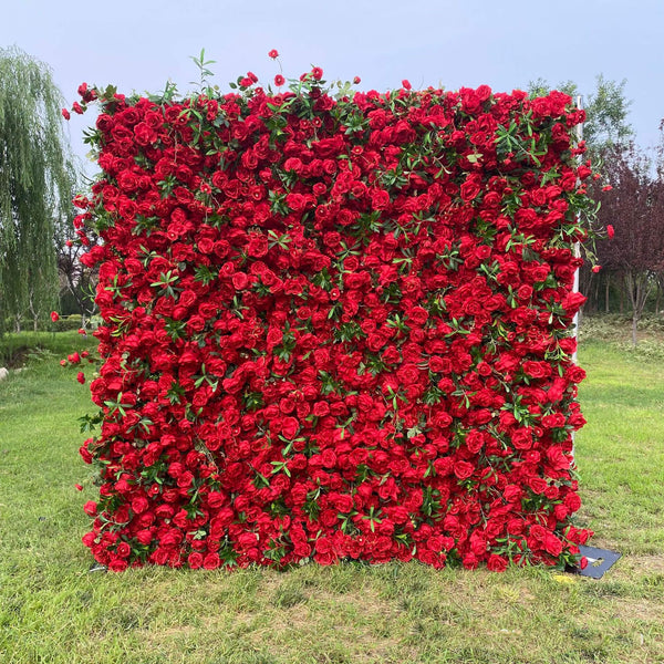 Crimson rose flower wall backdrop for weddings and events.
