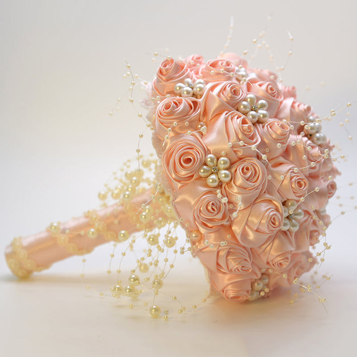 Satin Roses with Pearls Handmade Wedding Bouquet