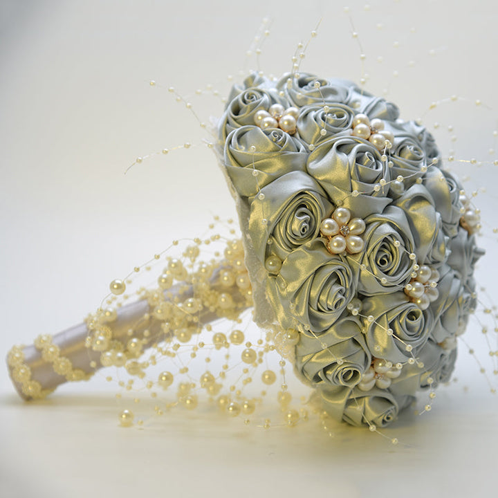 Satin Roses with Pearls Handmade Wedding Bouquet