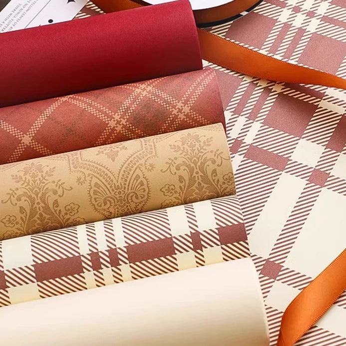 Autumn-Winter Madras Plaid & Baroque Flower Wrapping Paper Set