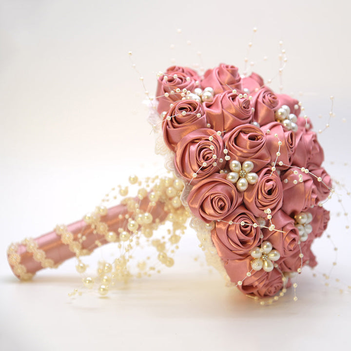 Satin Roses with Pearls Handmade Wedding Bouquet