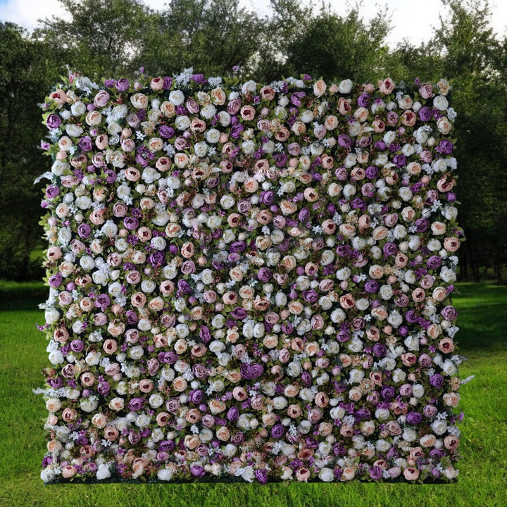 Lavender Dream Garden flower wall backdrop with lavender and cream roses.
